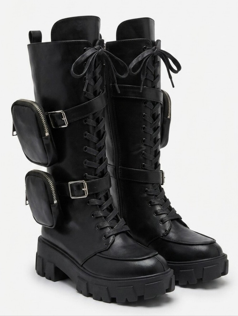 NWOT Azalea Wang Danger Dual Pocket Lug Sole Tall Combat Boot Lace-up Black 8.5